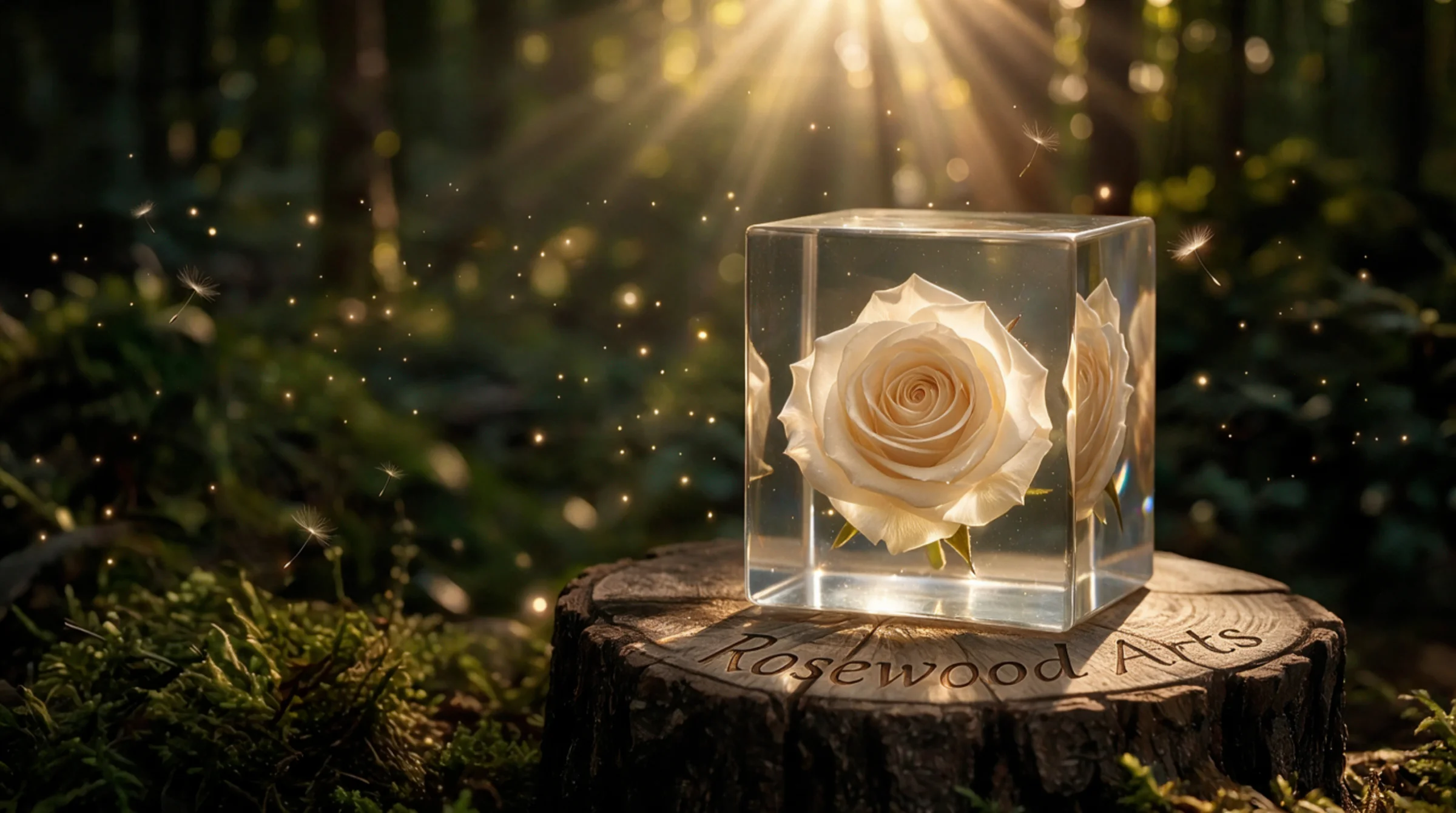 A preserved rose sealed in a crystal-clear resin cube, resting on a woodland tree stump engraved with the Rosewood Arts name